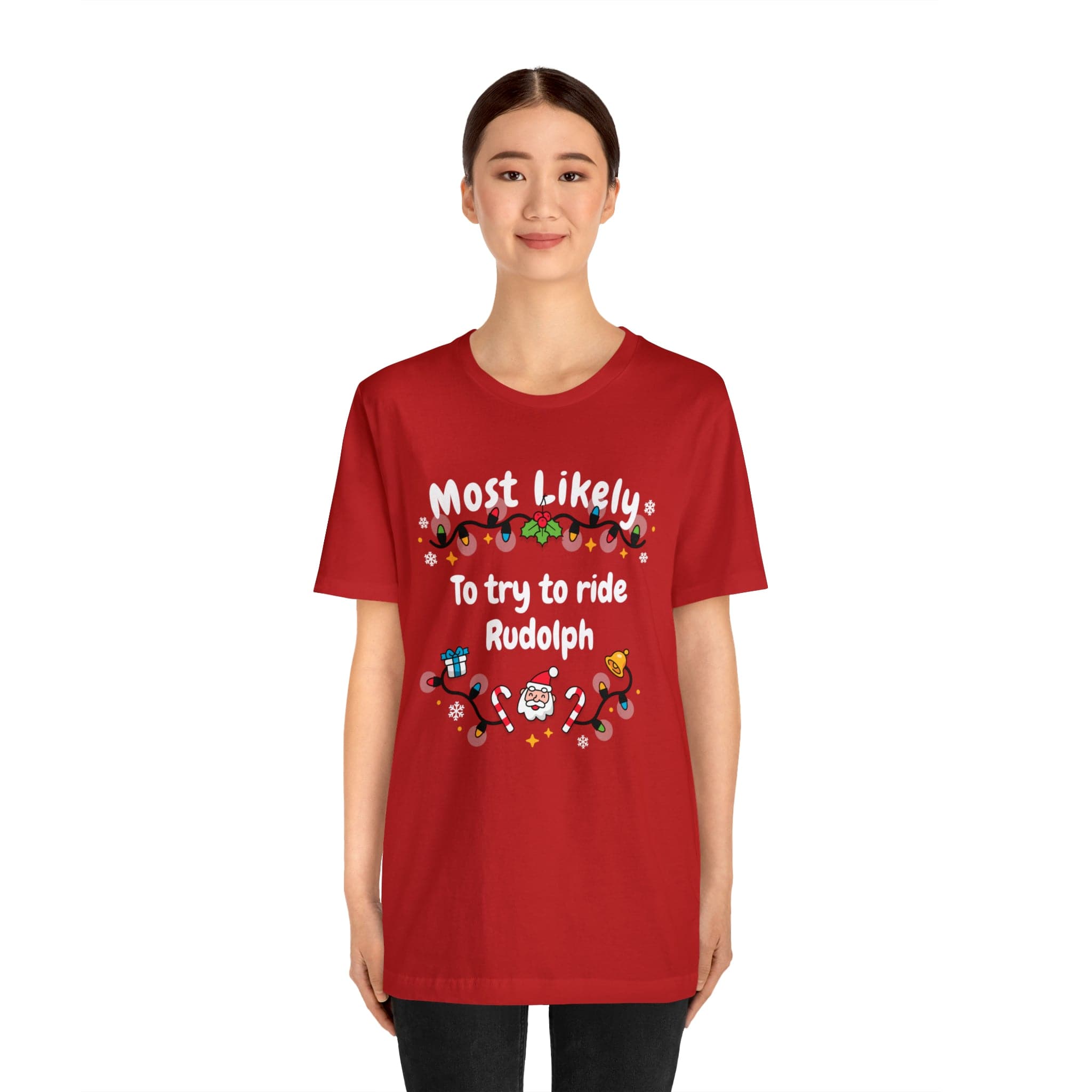 Most Likely To try To Ride Rudolph Unisex Deluxe Tee